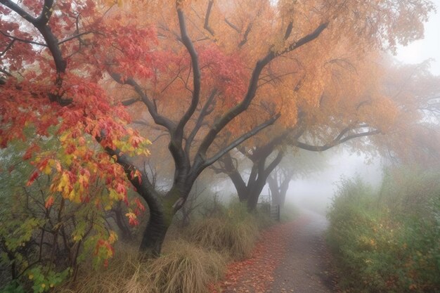 Un sentiero nella nebbia con un albero in primo piano e un sentiero che porta a destra.