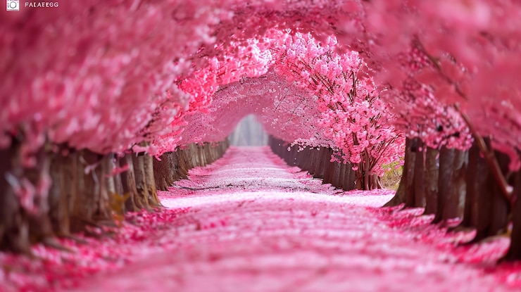 Foto un sentiero pittoresco fiancheggiato da vivaci alberi di ciliegio a fiori rosa