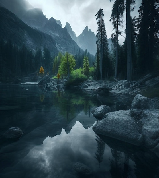 Un sentiero roccioso conduce a uno specchio d'acqua con una foresta sullo sfondo