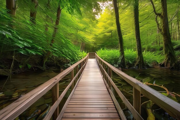 Un sentiero sereno nella foresta, una bellezza tranquilla lungo il ponte di legno.