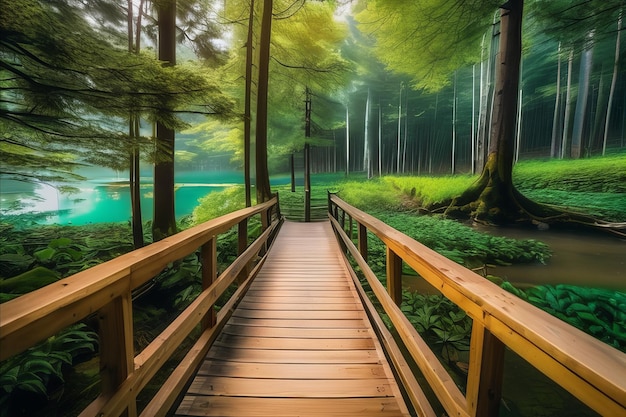 Un sentiero sereno nella foresta, una bellezza tranquilla lungo il ponte di legno.