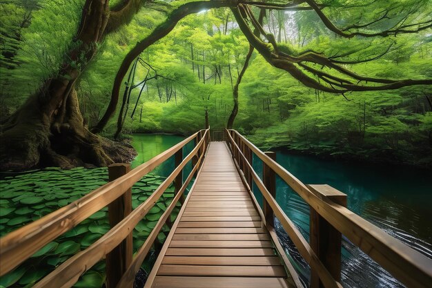 Un sentiero sereno nella foresta, una bellezza tranquilla lungo il ponte di legno.