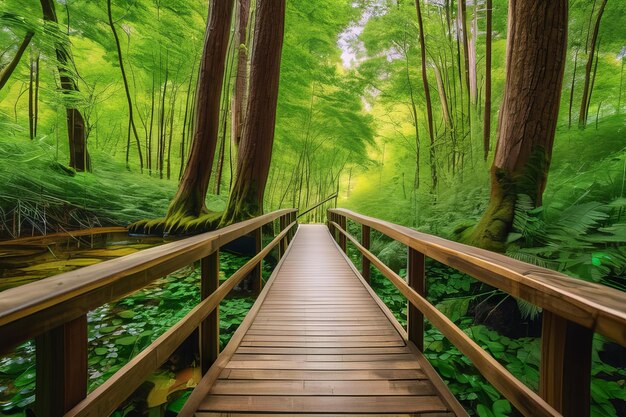 Un sentiero sereno nella foresta, una bellezza tranquilla lungo il ponte di legno.