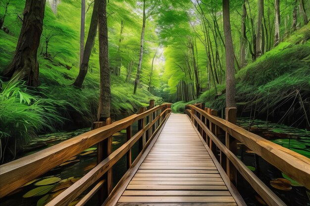 Un sentiero sereno nella foresta, una bellezza tranquilla lungo il ponte di legno.