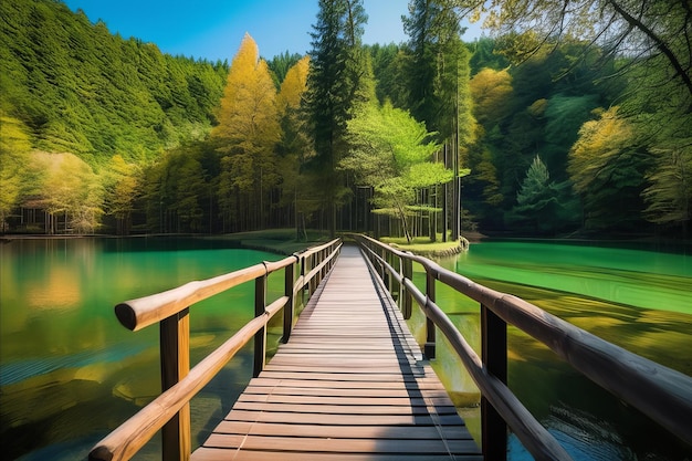 Un sentiero sereno nella foresta, una bellezza tranquilla lungo il ponte di legno.