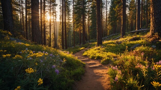 Un sentiero sinuoso di montagna che conduce attraverso una densa foresta di pini con pozzi di filtri di luce solare dorata