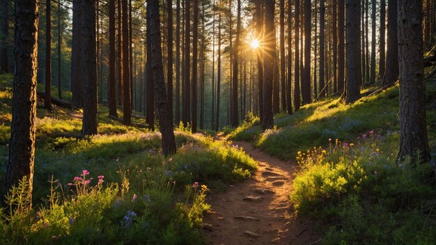 Un sentiero sinuoso di montagna che conduce attraverso una densa foresta di pini con pozzi di filtri di luce solare dorata