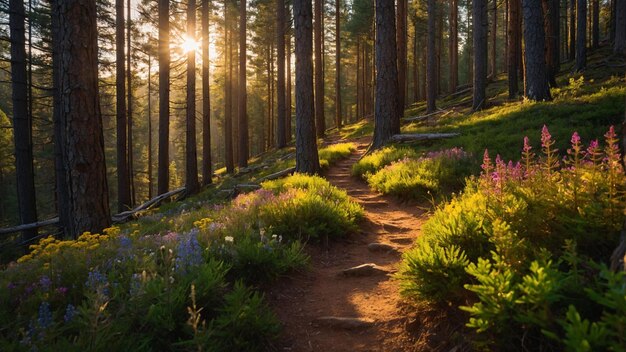 Un sentiero sinuoso di montagna che conduce attraverso una densa foresta di pini con pozzi di filtri di luce solare dorata