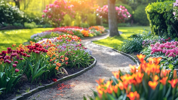 Un sentiero tortuoso del giardino conduce attraverso una profusione di tulipani colorati con un lussureggiante prato verde e alberi sullo sfondo