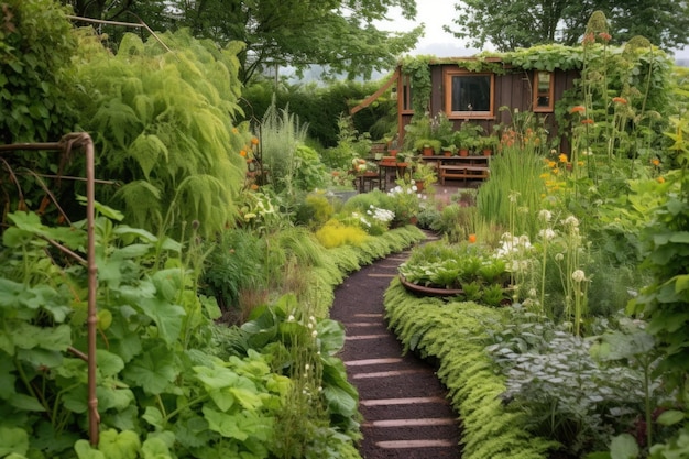 Un sentiero tortuoso del giardino fiancheggiato da una varietà di piante commestibili create con ai generativi