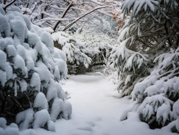 un sentiero tra gli alberi innevati