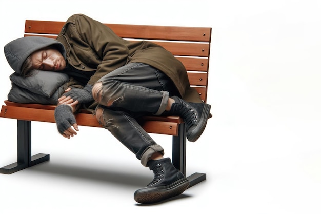 Un senzatetto che si è addormentato su una panchina isolata su uno sfondo bianco