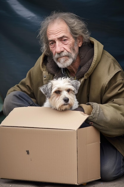 Un senzatetto con il suo cane seduto in una scatola di cartone creata con l'IA generativa