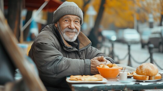 Un senzatetto si siede a un tavolo all'aperto e mangia in un posto progettato per aiutare i poveri