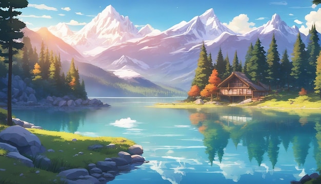 Un sereno lago alpino circondato da montagne innevate pini e riflessi cristallini