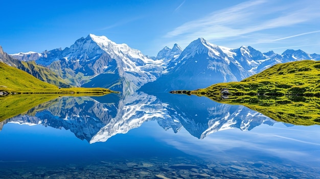 Un sereno lago di montagna che riflette la neve Generativo Ai