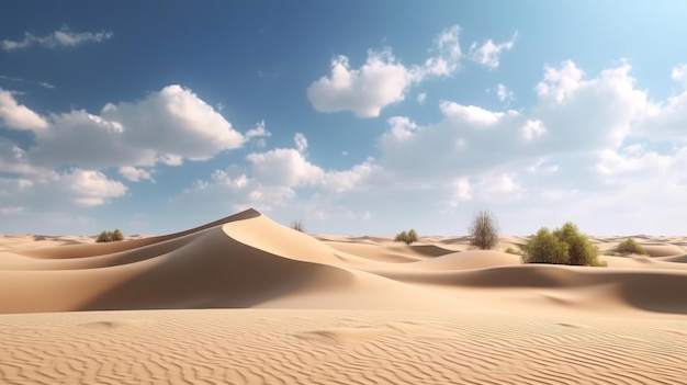 Un sereno paesaggio desertico con dune di sabbia ondulate e alberi radi Generativo ai