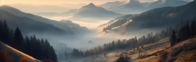 Un sereno paesaggio di montagna con un nebbioso s Banner orizzontale generato dall'intelligenza artificiale