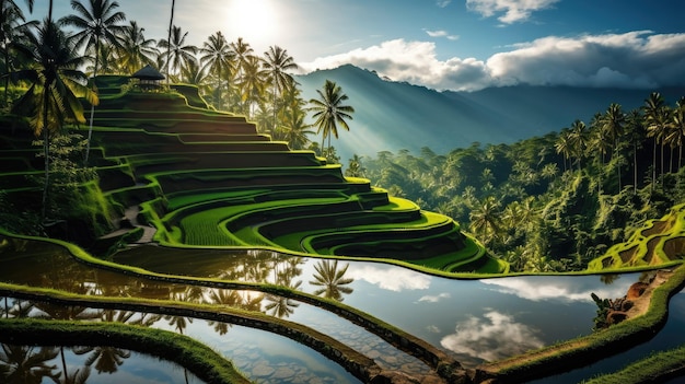 un sereno paesaggio di terrazze di riso con campi terrazzati che si estendono in lontananza