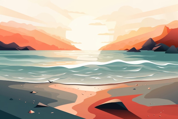 Un sereno paesaggio marino raffigurato in un'illustrazione minimalista Colori tenui e tenui IA generativa