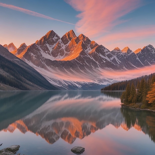 un sereno paesaggio montano durante l'alba