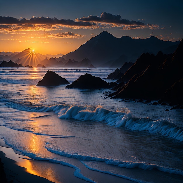 un sereno paesaggio montano durante l'alba