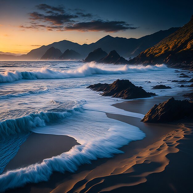 un sereno paesaggio montano durante l'alba