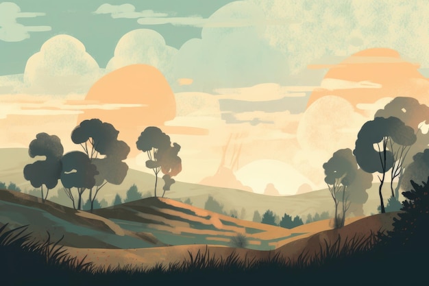 Un sereno paesaggio montano e collinare rappresentato in un'illustrazione minimalista Colori tenui e tenui