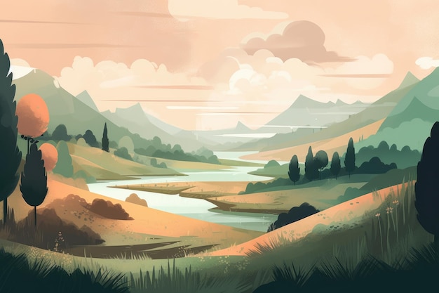 Un sereno paesaggio montano e collinare rappresentato in un'illustrazione minimalista Colori tenui e tenui