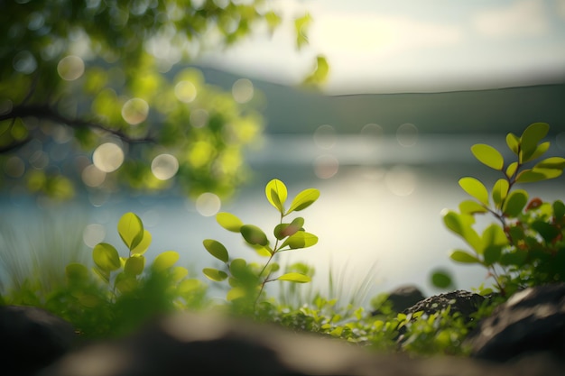 Un sereno paesaggio naturale con una vegetazione lussureggiante e un tranquillo specchio d'acqua. IA generativa