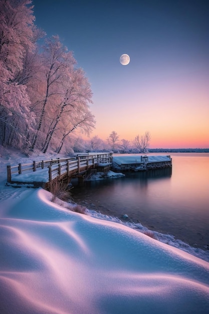 Un sereno porto illuminato dalla luna in un paesaggio innevato