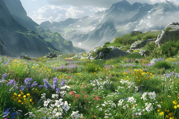 Un sereno prato alpino coperto di fiori selvatici