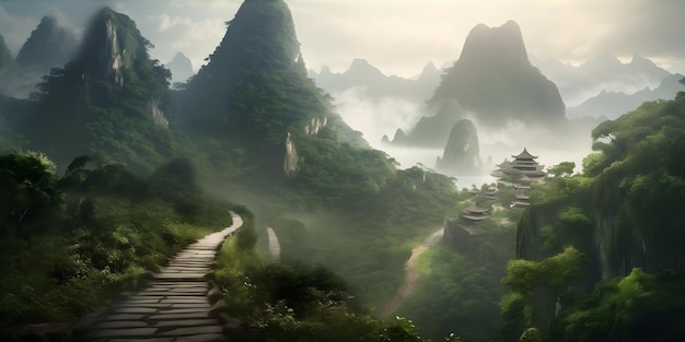 Un sereno sentiero di montagna che conduce a un tempio nascosto coperto di lussureggiante verde con cime nebbiose sullo sfondo