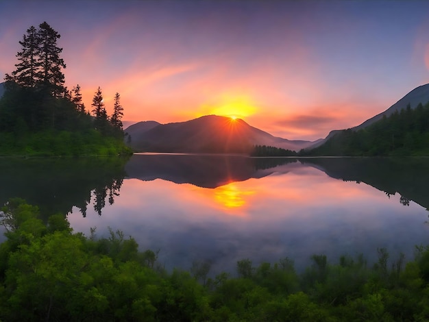 Un sereno tramonto su un lago calmo circondato da lussureggianti montagne verdi generò Ai