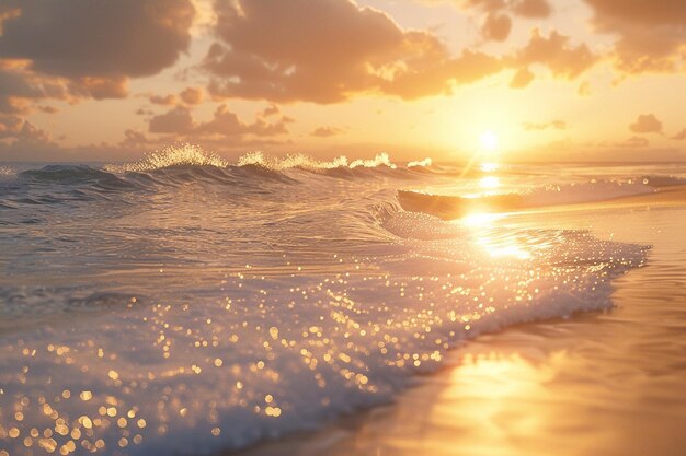 Un sereno tramonto sulla spiaggia con le onde che le battono dolcemente