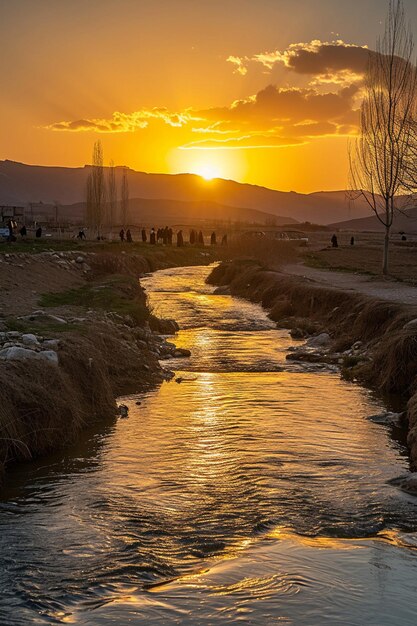 un sereno tramonto vicino a un fiume durante il Nowruz