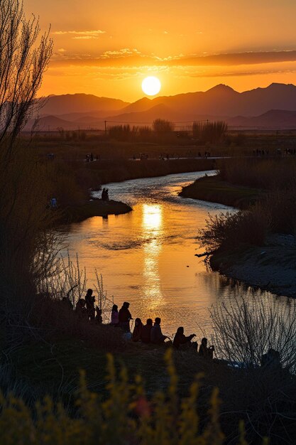 un sereno tramonto vicino a un fiume durante il Nowruz