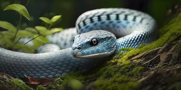 Un serpente blu con un anello verde intorno alla bocca