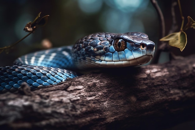 Un serpente blu si siede su un ramo in una foresta.