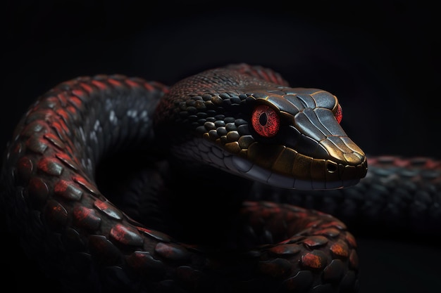 Un serpente con gli occhi rossi siede in una stanza buia.