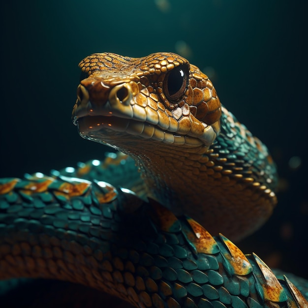 Un serpente con un corpo blu e arancione e una testa gialla.