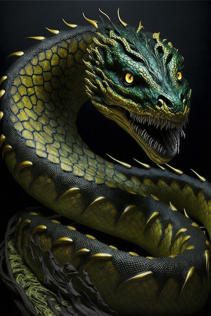 Un serpente con un serpente verde sopra.