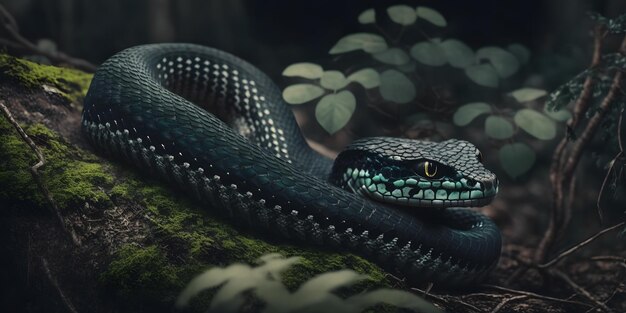 Un serpente con una faccia blu siede su una roccia nel buio.