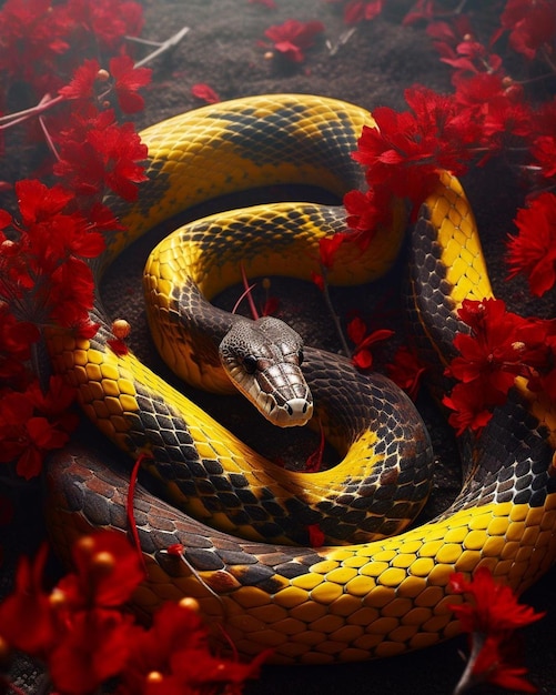 Un serpente giallo con una testa nera e un fiore rosso sul fondo