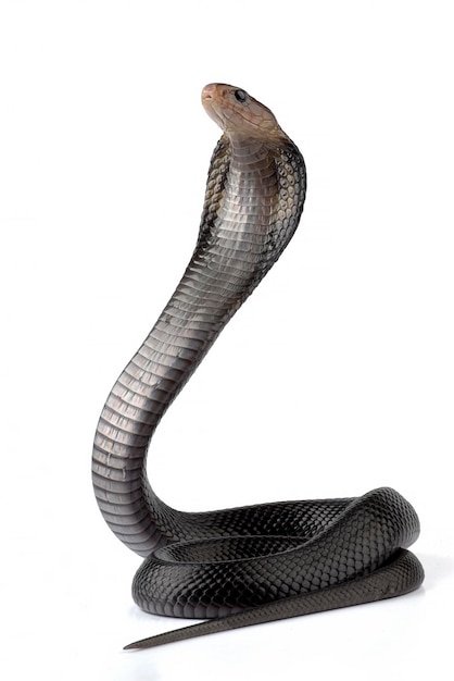 Un serpente nero con un collo lungo e uno sfondo bianco