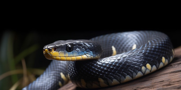 Un serpente nero siede su un tronco