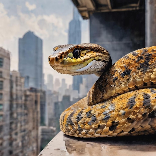 Un serpente seduto su una sporgenza con vista di una città sullo sfondo