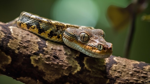 Un serpente su un ramo con uno sfondo verde