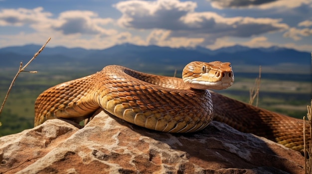Un serpente velenoso che scivola graziosamente su una sporgenza rocciosa della montagna