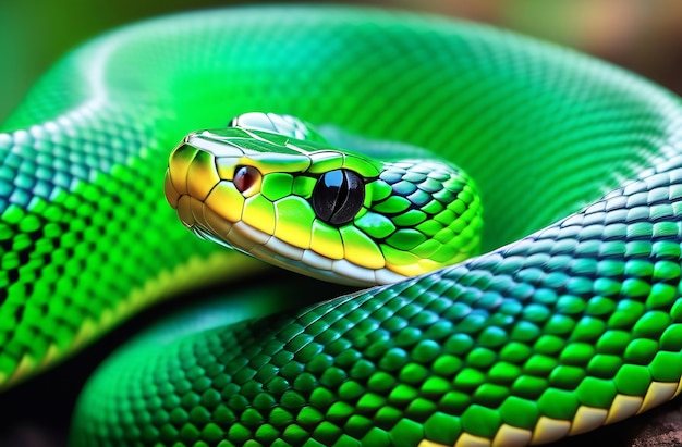 Un serpente velenoso verde brillante arrotolato in un anello